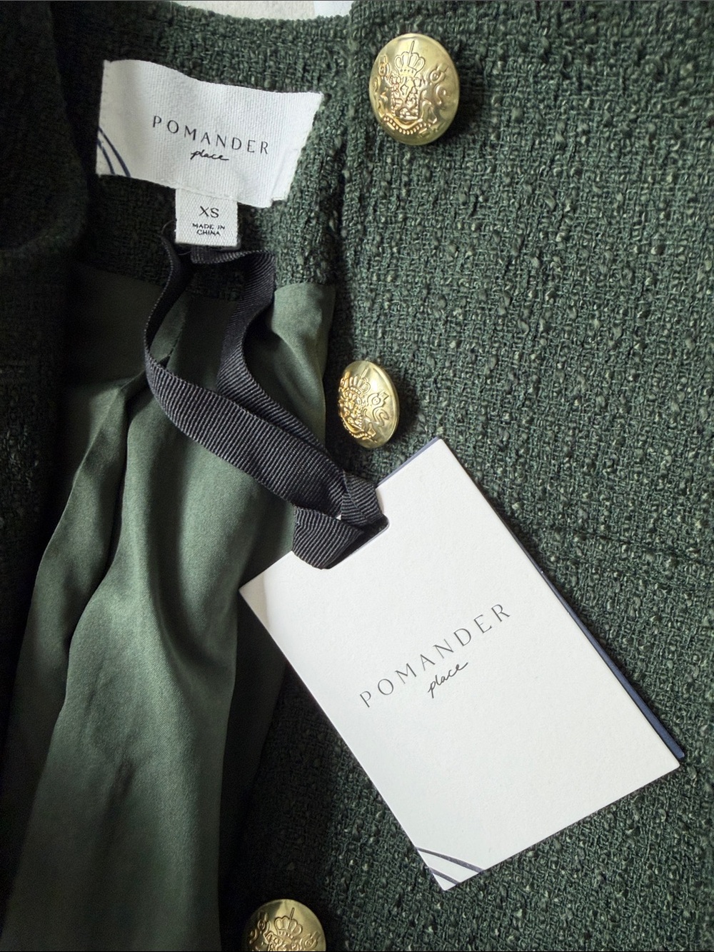 Pomander Place Classic Dark Green with Gold Button-Front Jacket XS NWT - Picture 5 of 6